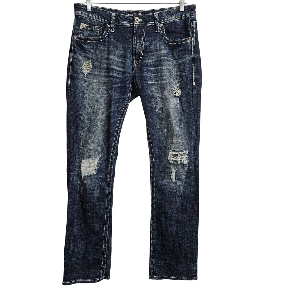 Salvage Mayhem Straight Jeans Men 33L Blue Distressed Heavy Stitch Buckle Y2K